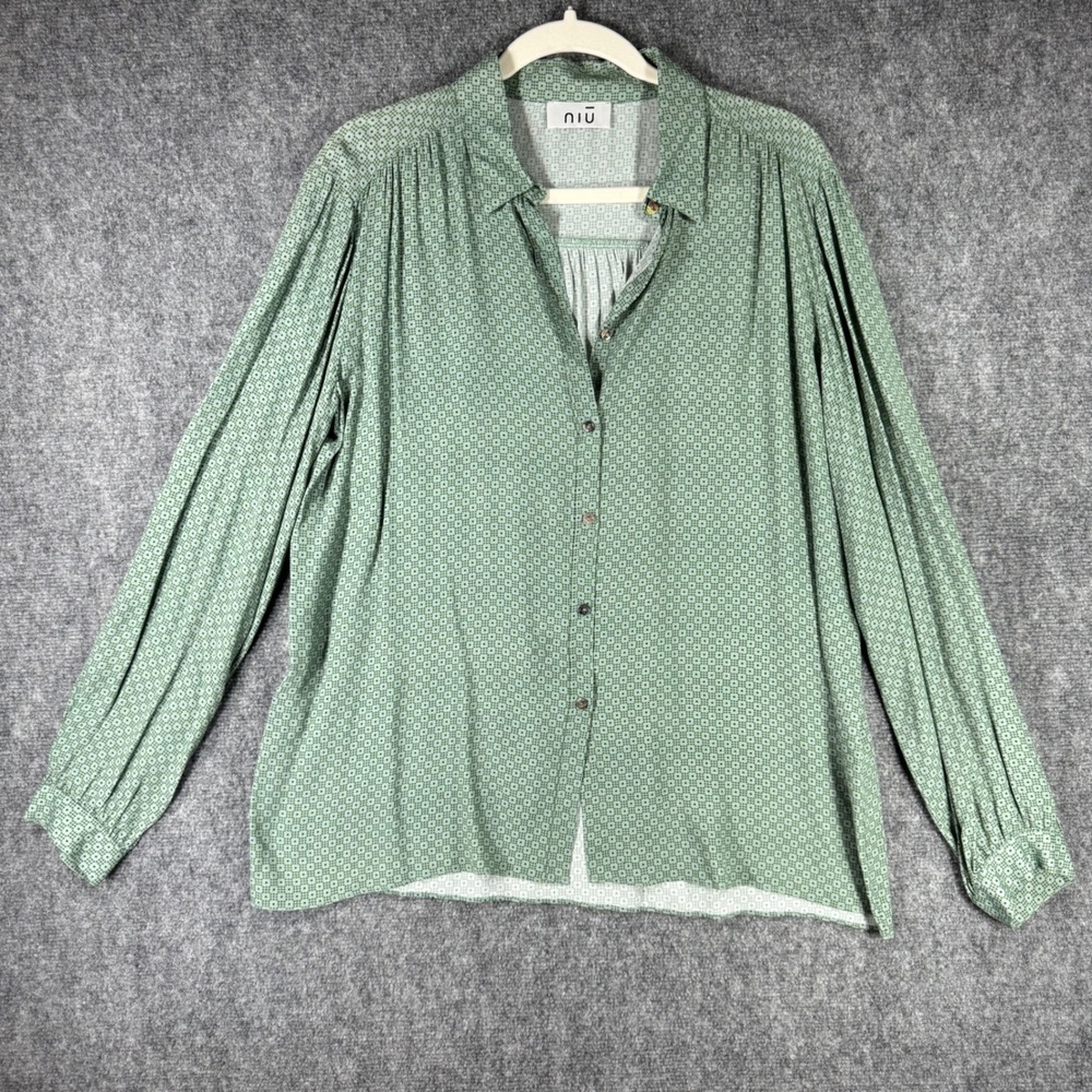 Niu Womens Italy Green Geometric Print Viscose Button Down Blouse XL Long Sleeve